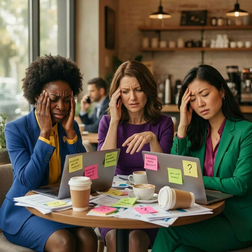 Three women business owners looking stressed and overwhelmed at their laptops