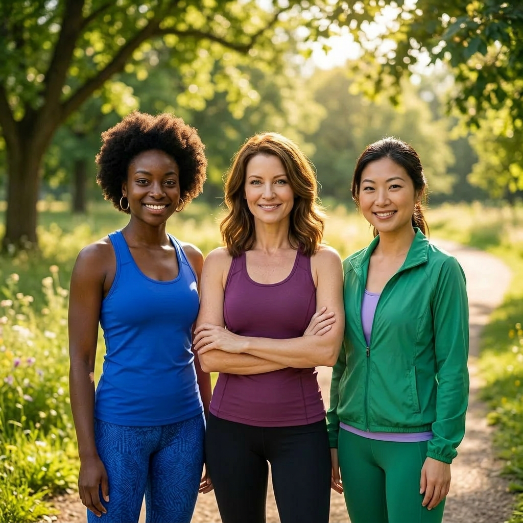 Three women business owners in activewear, relaxed and confident outdoors in nature